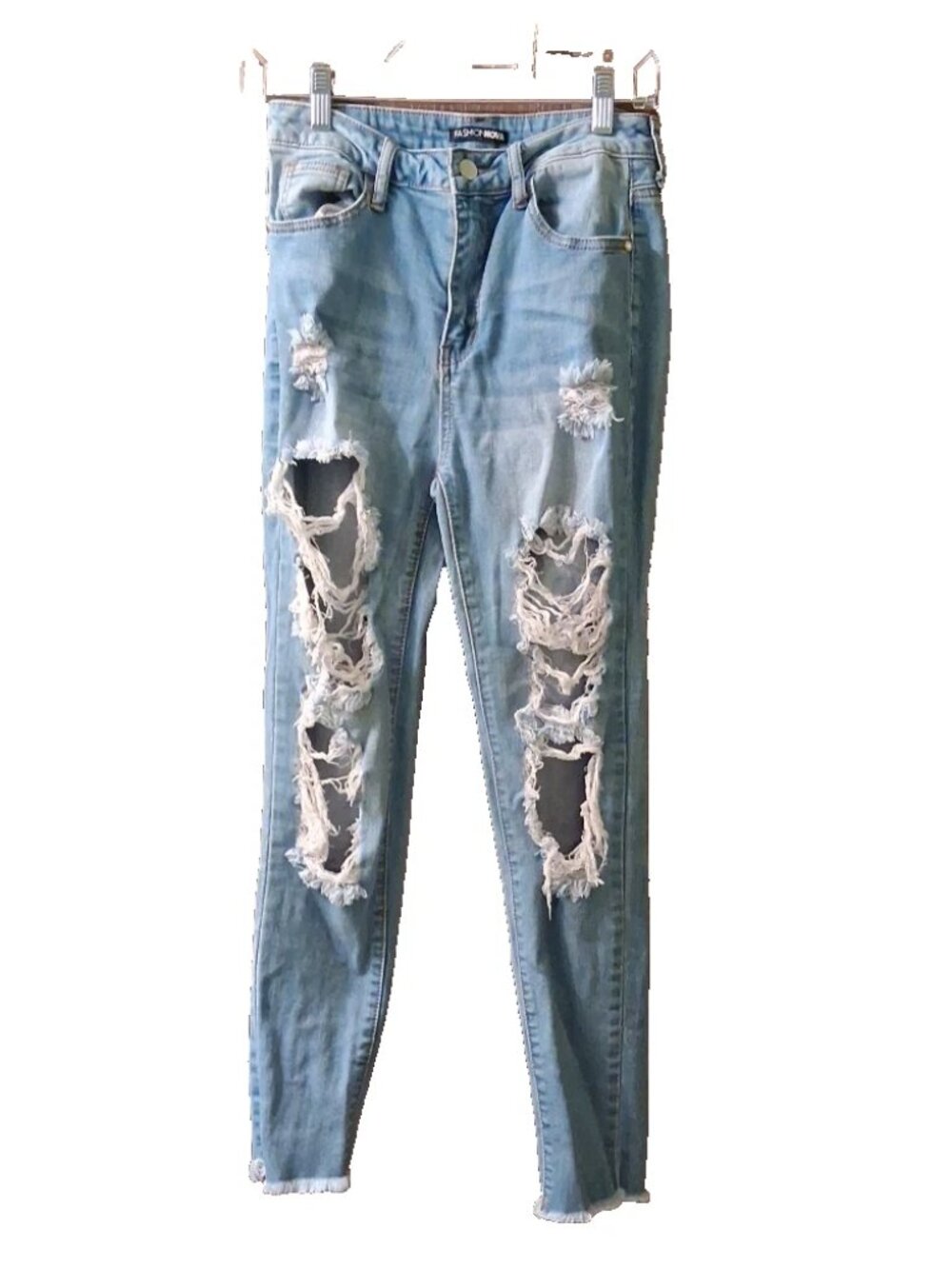 Juniors 5 Med-wash Skinny Distressed Destroyed Raw Hem Pockets Stretch Jeans